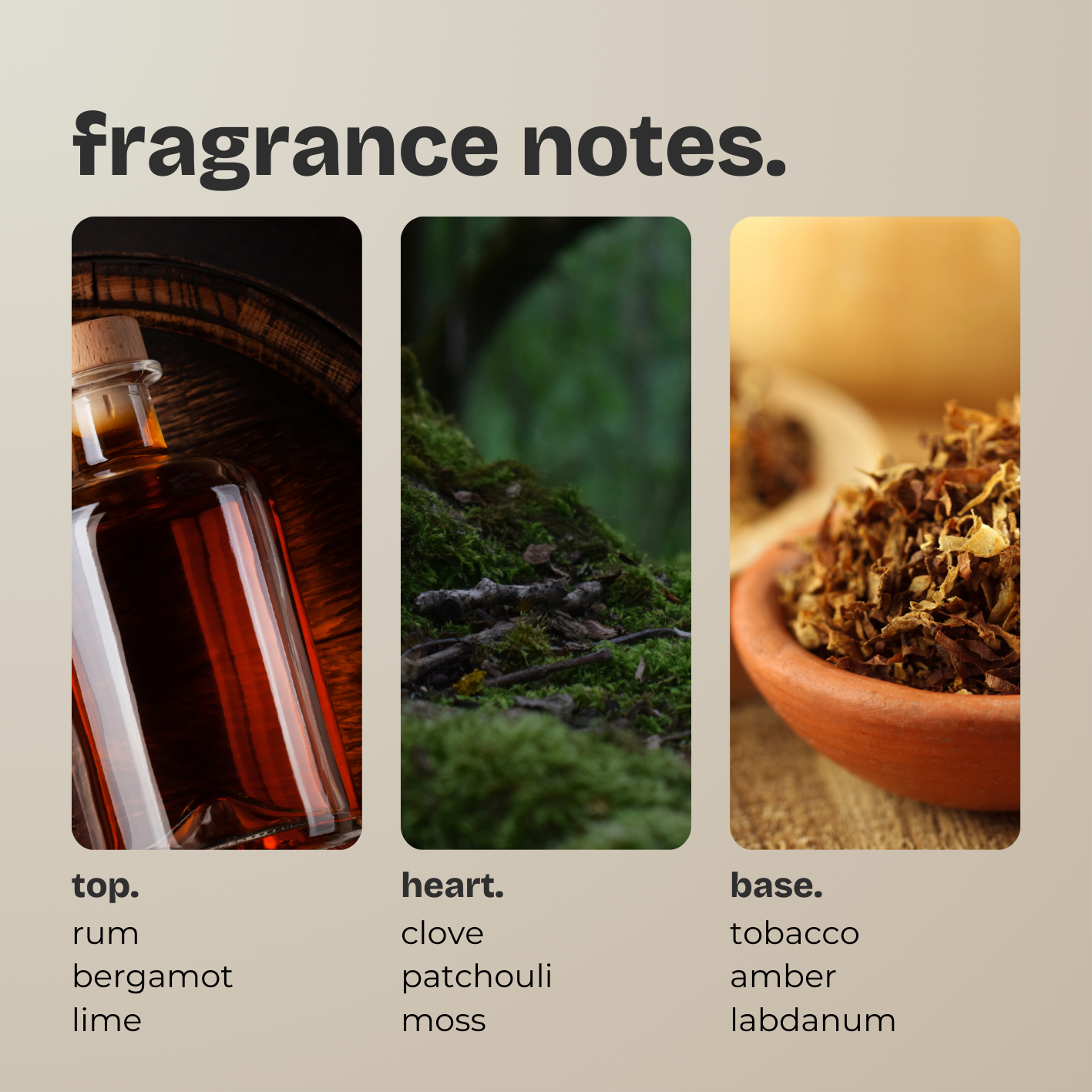 rum, moss + tobacco.