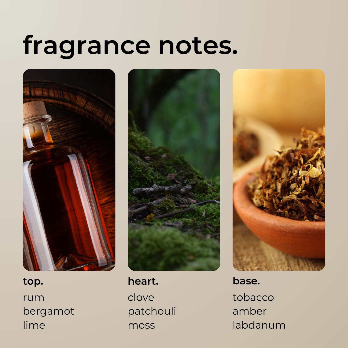 rum, moss + tobacco.